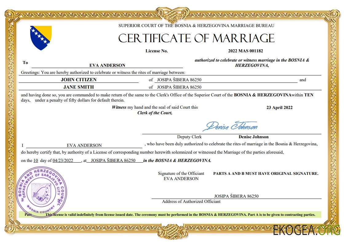 Acte de mariage en Bosnie Herzégovine